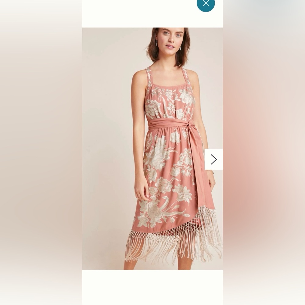 Anthropologie Lucille Pink & White Floral Embroidered Fringe Dress size 6